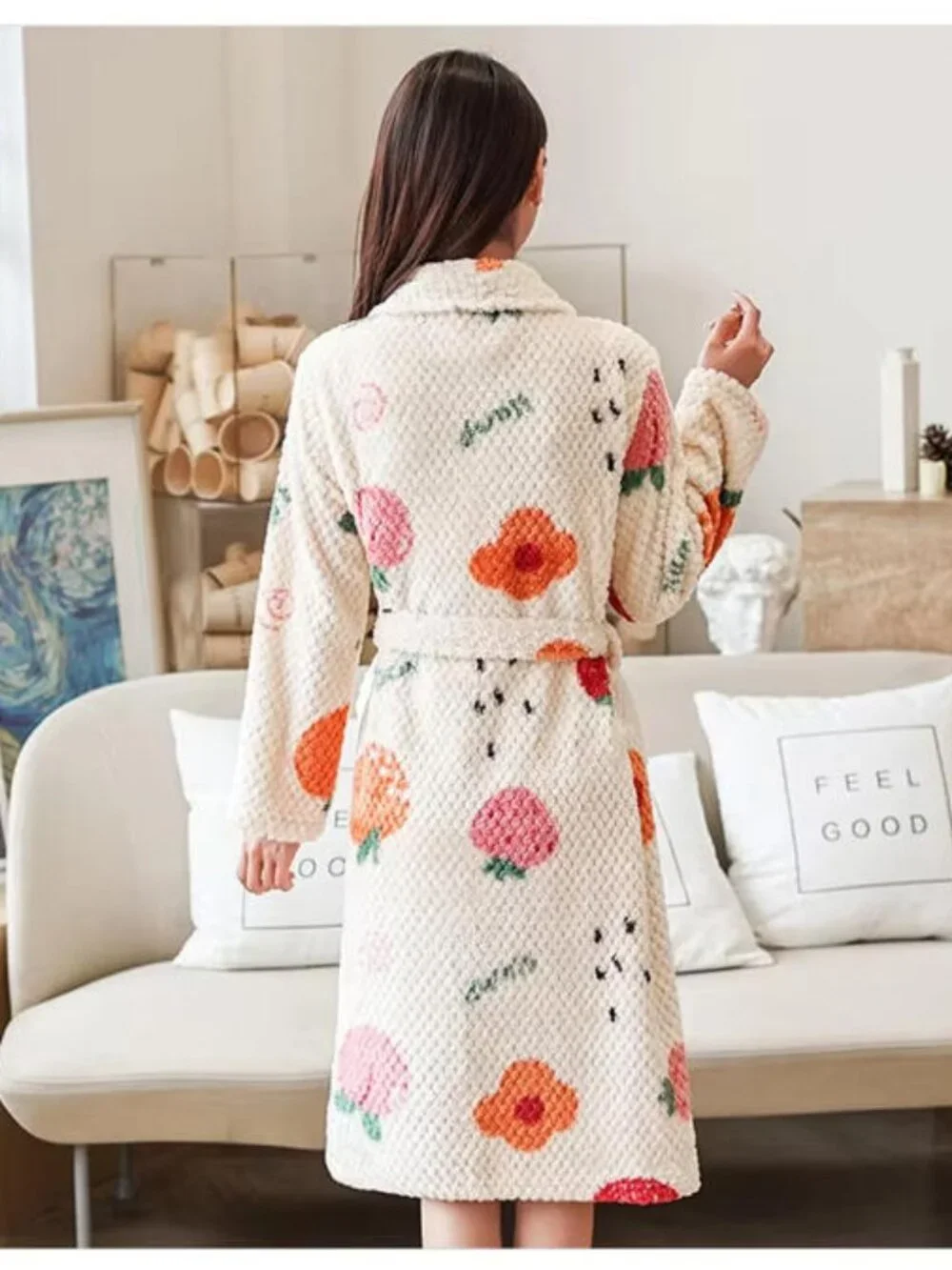 Thicken Women Flannel Kimono Robe, Warm Print Bathrobe With Belt